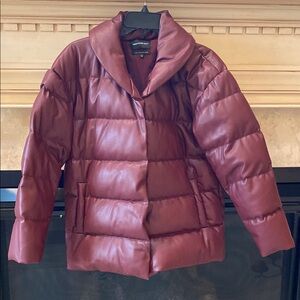 Burgundy puffer pleather coat